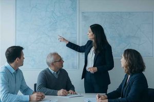 Teilnehmer:innen bei einem interaktiven Planspiel‑Workshop mit Spielplan, Spielfiguren und Gruppenarbeit